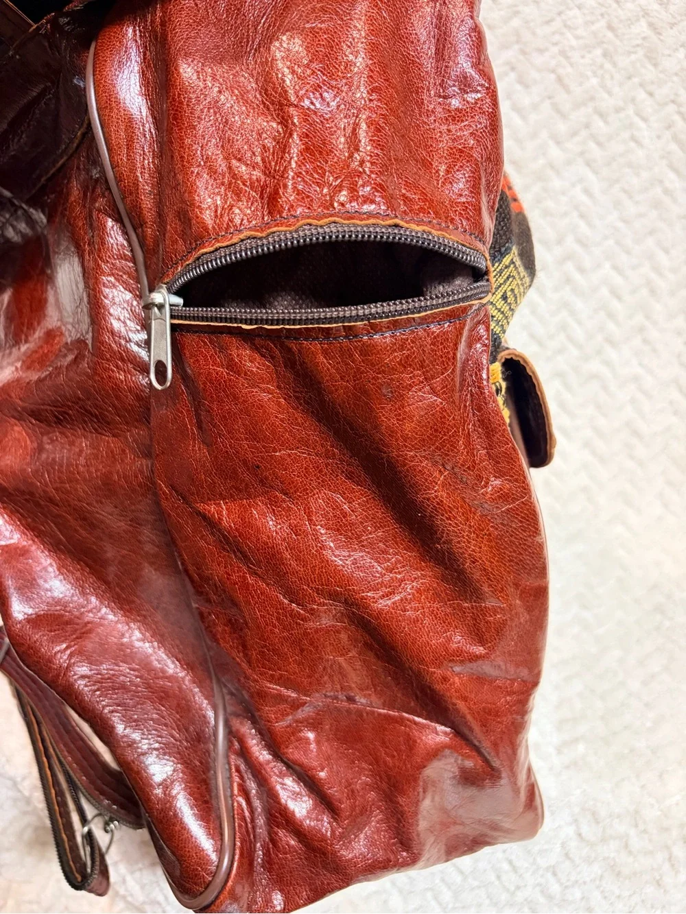 Vintage Vrai Cuir‎ Leather Tapestry Backpack - Boho Moroccan Handcrafted Bag